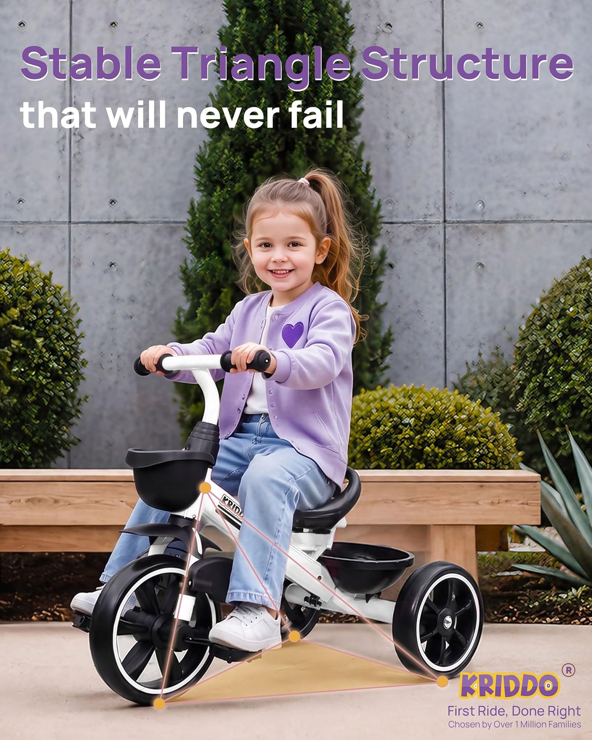 KRIDDO 2-in-1 Toddler Tricycle with Push Handle: Ages 18 Months to 5 - White - image 4