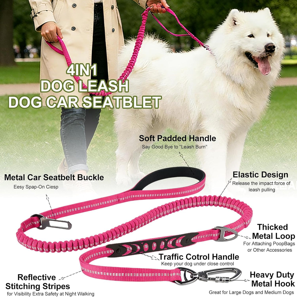 Dog Leash Heavy Duty, Bungee Leash Reflective Car Seat Belt for Dogs Brown – Essentials for Dogs - Pink - image 3