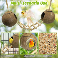 kathson 5Pcs Bird Coconut House with Ladder Parakeet Coconut Nest for Cages Parrot Hut Hanging Natural Coconut Fiber Conure Chewing Toys for Cockatiel Budgie Lovebird Cockatoos