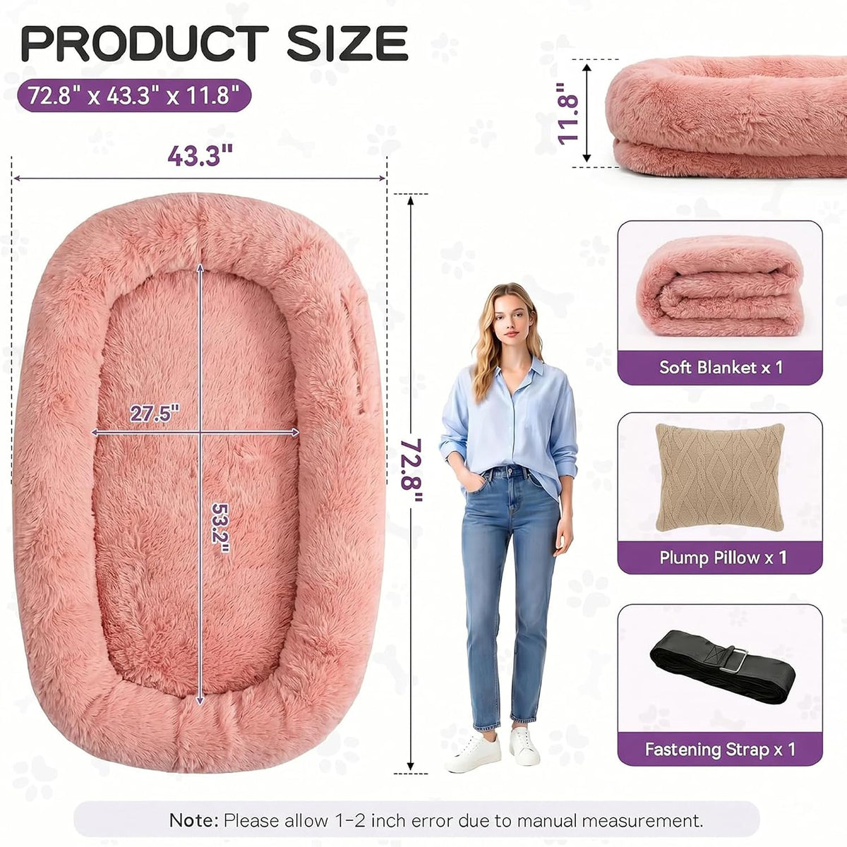 Grey Human Dog Bed, 71''x45''x12'' Size Fits Adult and Pet - Pink - image 2