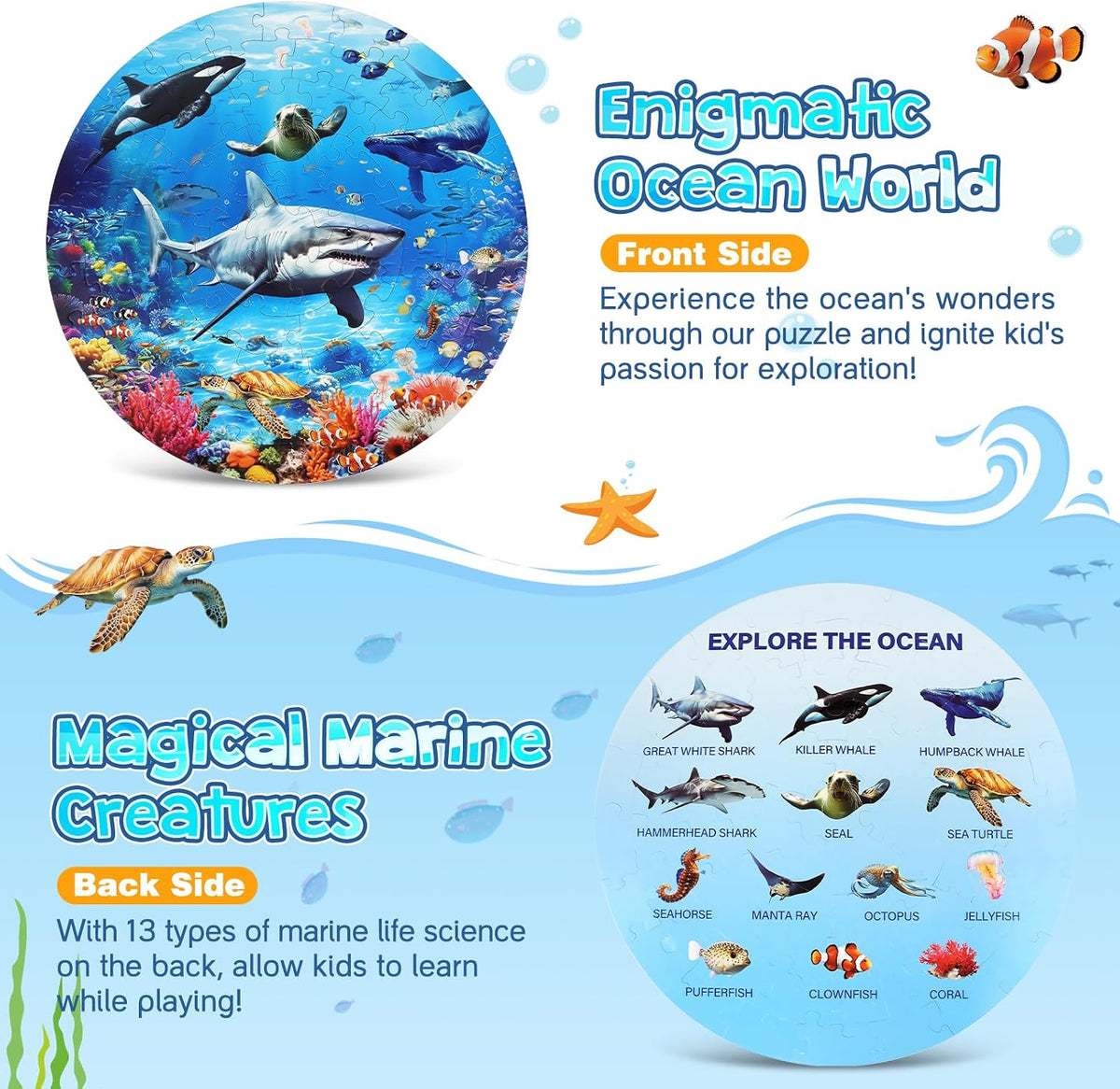 DIGOBAY round underwater ocean floor puzzle with sharks, fish and coral reef, 70 pieces - view 5