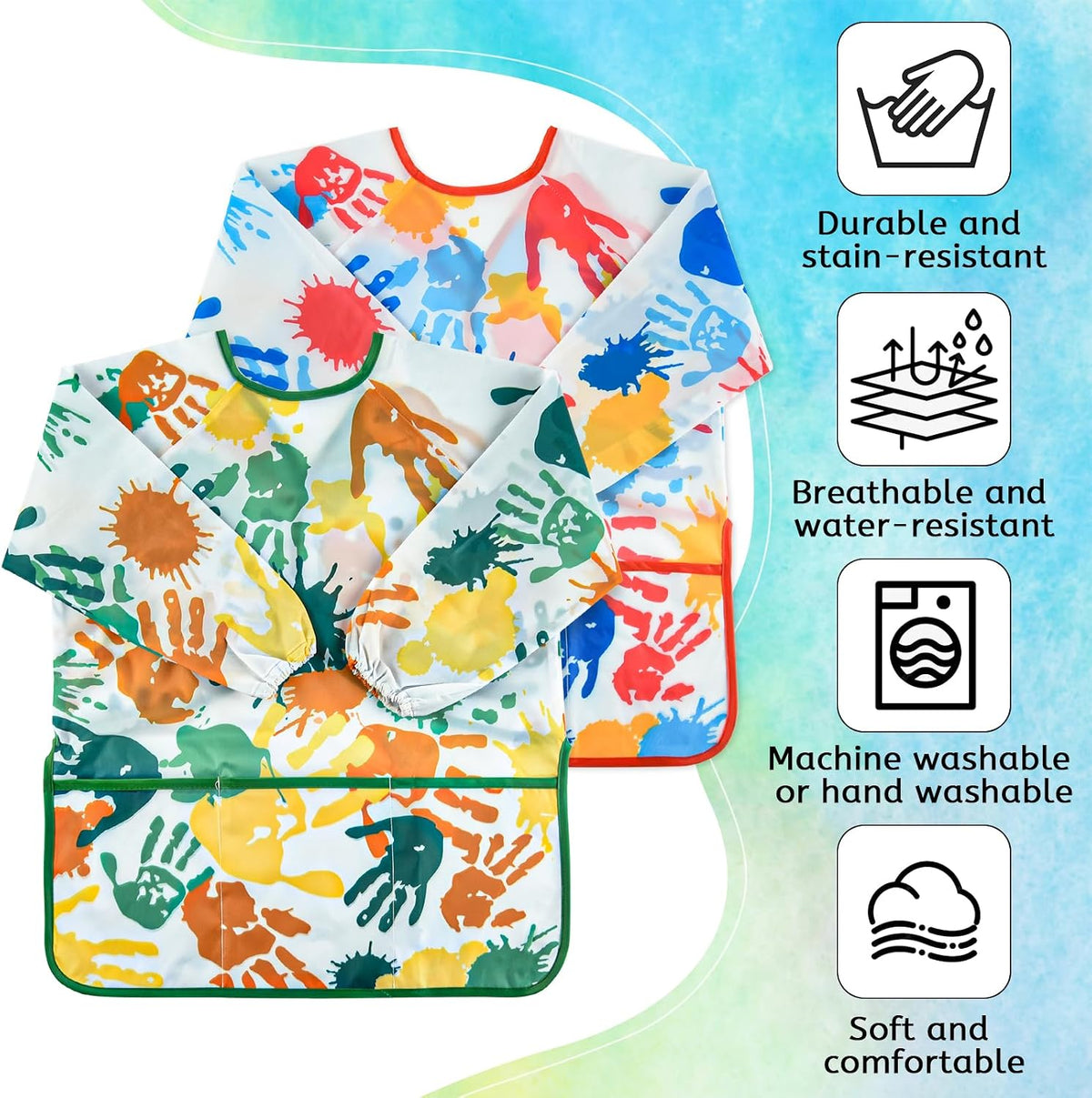 2 Pcs Kids Art Smock Painting Toddler Smock Long Sleeve with 3 - Red+green / 2 - image 3