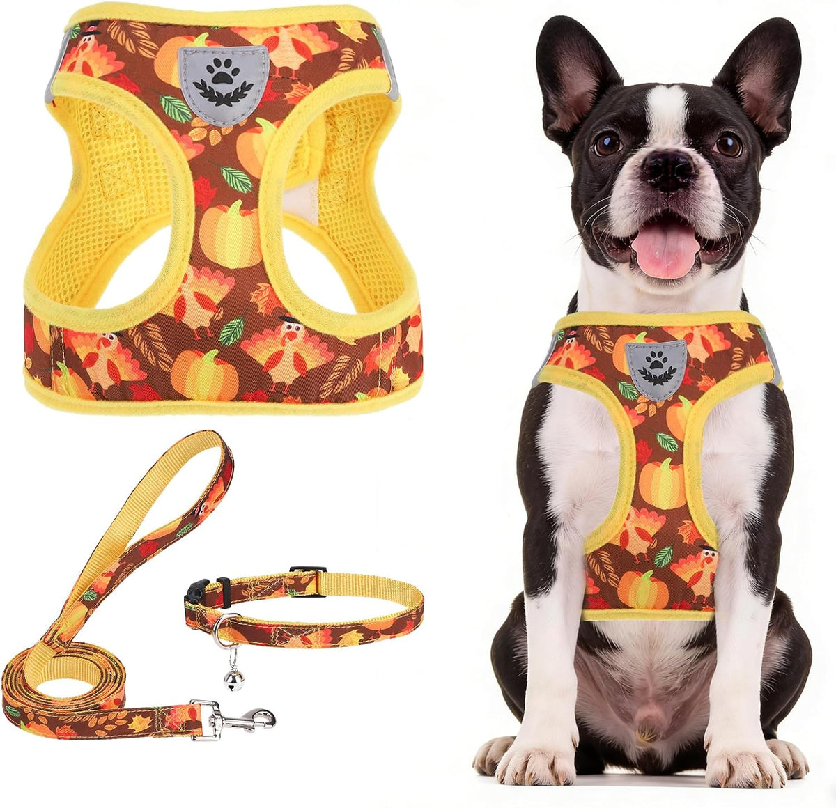 PUPTECK Dog Harness, Collar and Leash Set No Pull for Small Medium Sized – Essentials for Dogs - Brown&Yellow (Fall) / L (CHEST 18"-20") / Patterned Harness Collar and Leash Set