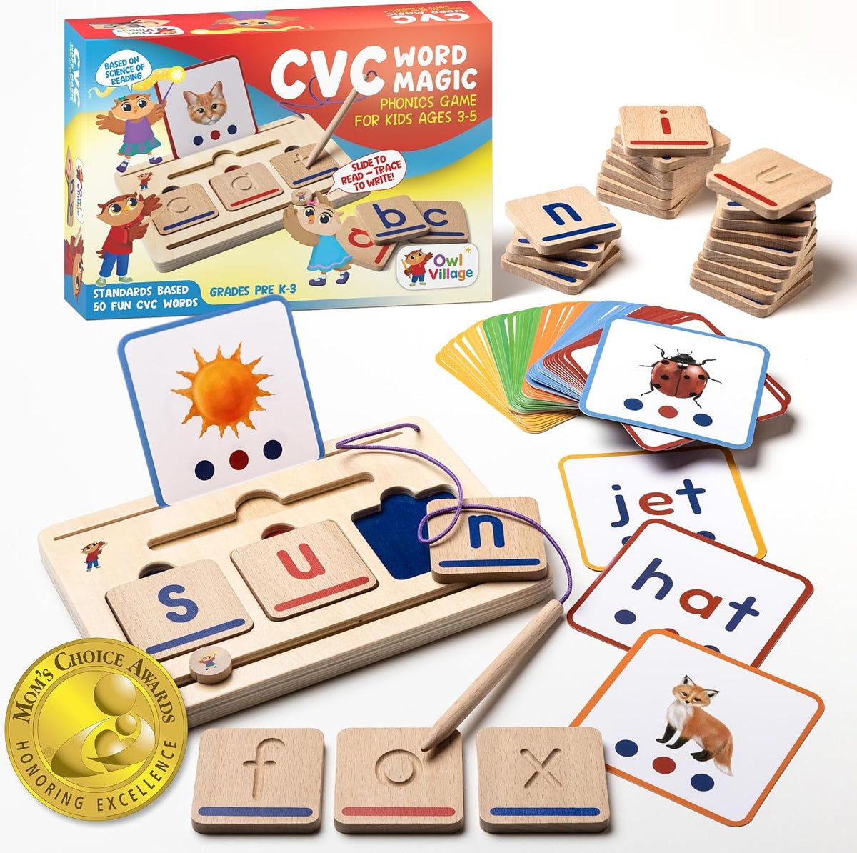 Hulats CVC word phonics game with wooden blending board, letter tiles and flash cards