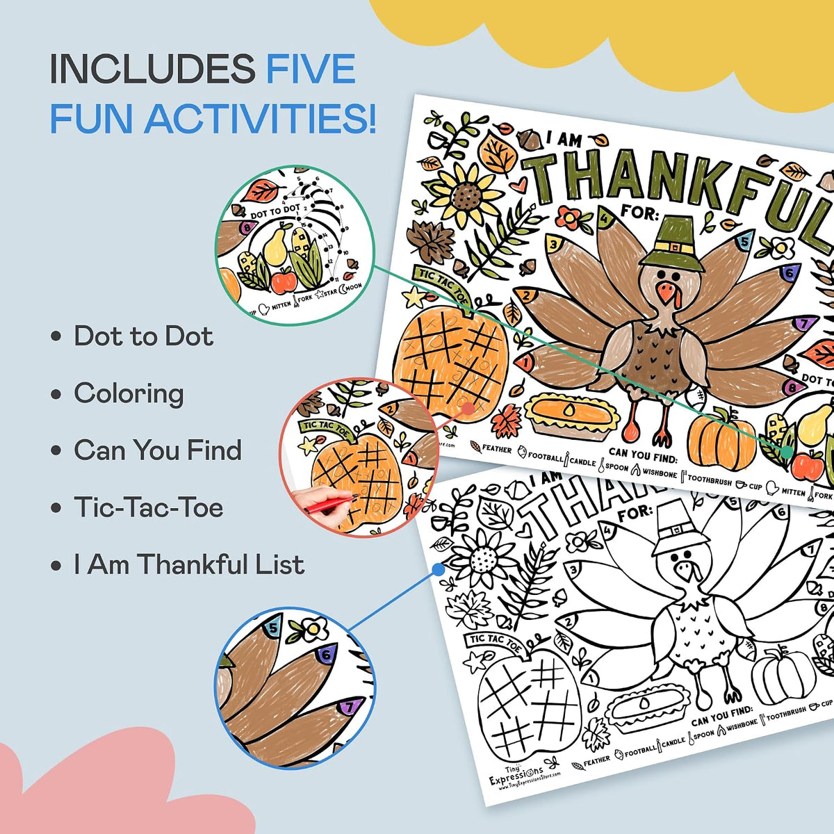 Tiny Expressions Thanksgiving coloring placemats set of 12 with turkey and activity games - view 7