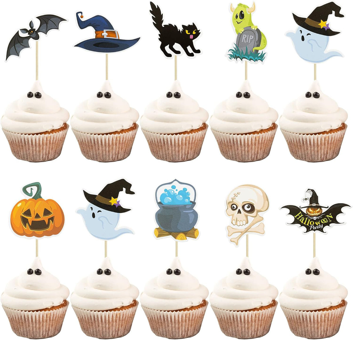 Gyufise 24Pcs Halloween Bat Cupcake Toppers Black Glitter Bat - Off-white