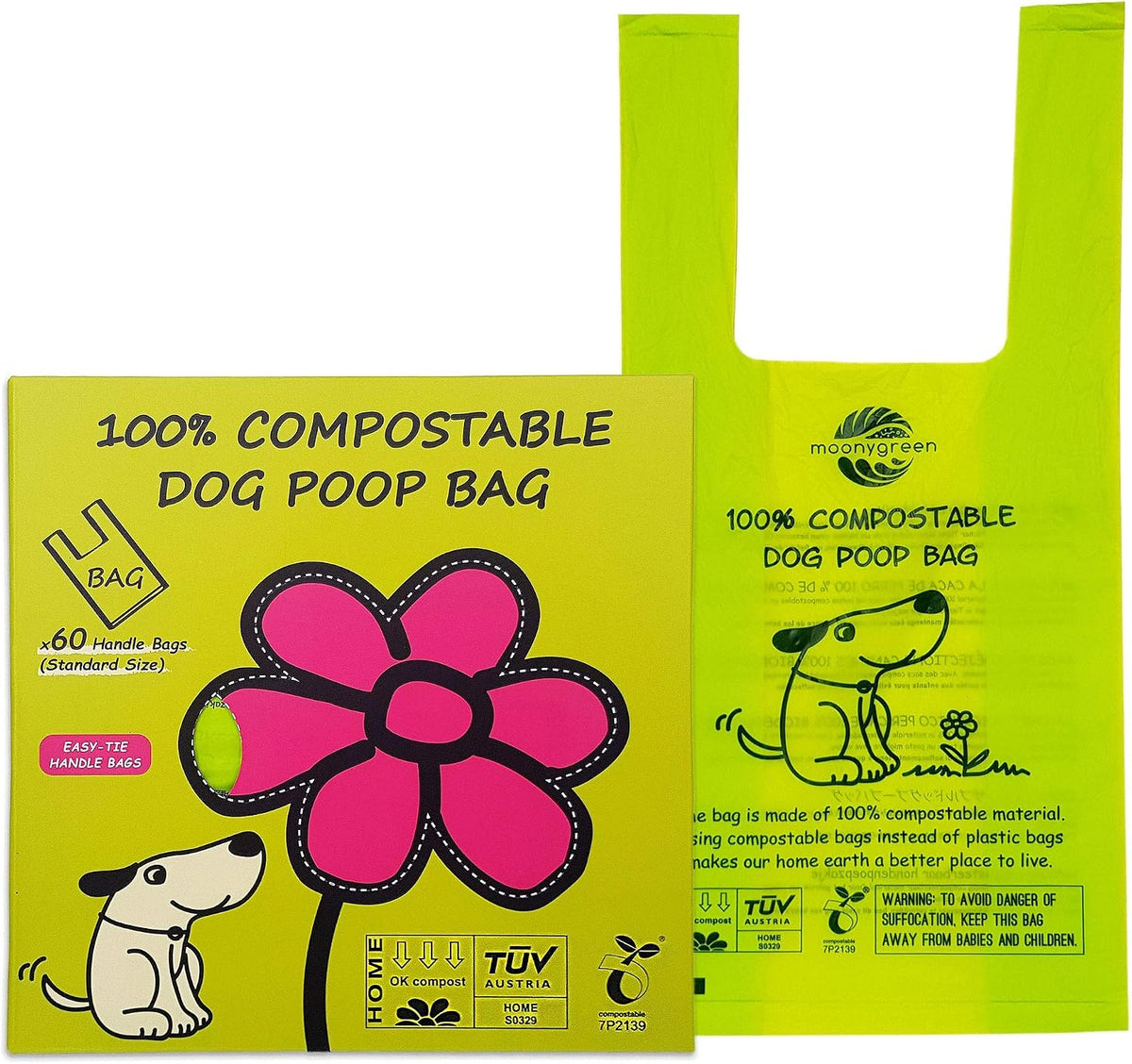 Dog Poop Bag with Handles, Compostable Pet Waste Bags, Easy-Tie - 60 Count (Pack of 1) / Poop Bags