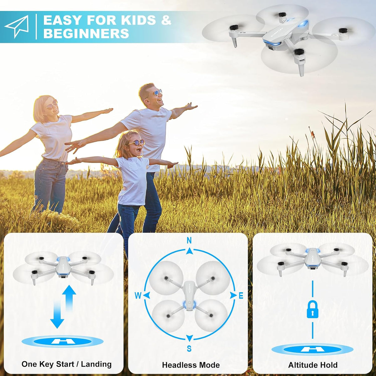 Drone with 1080P Camera for Beginners and Adults - Grey-white - image 3