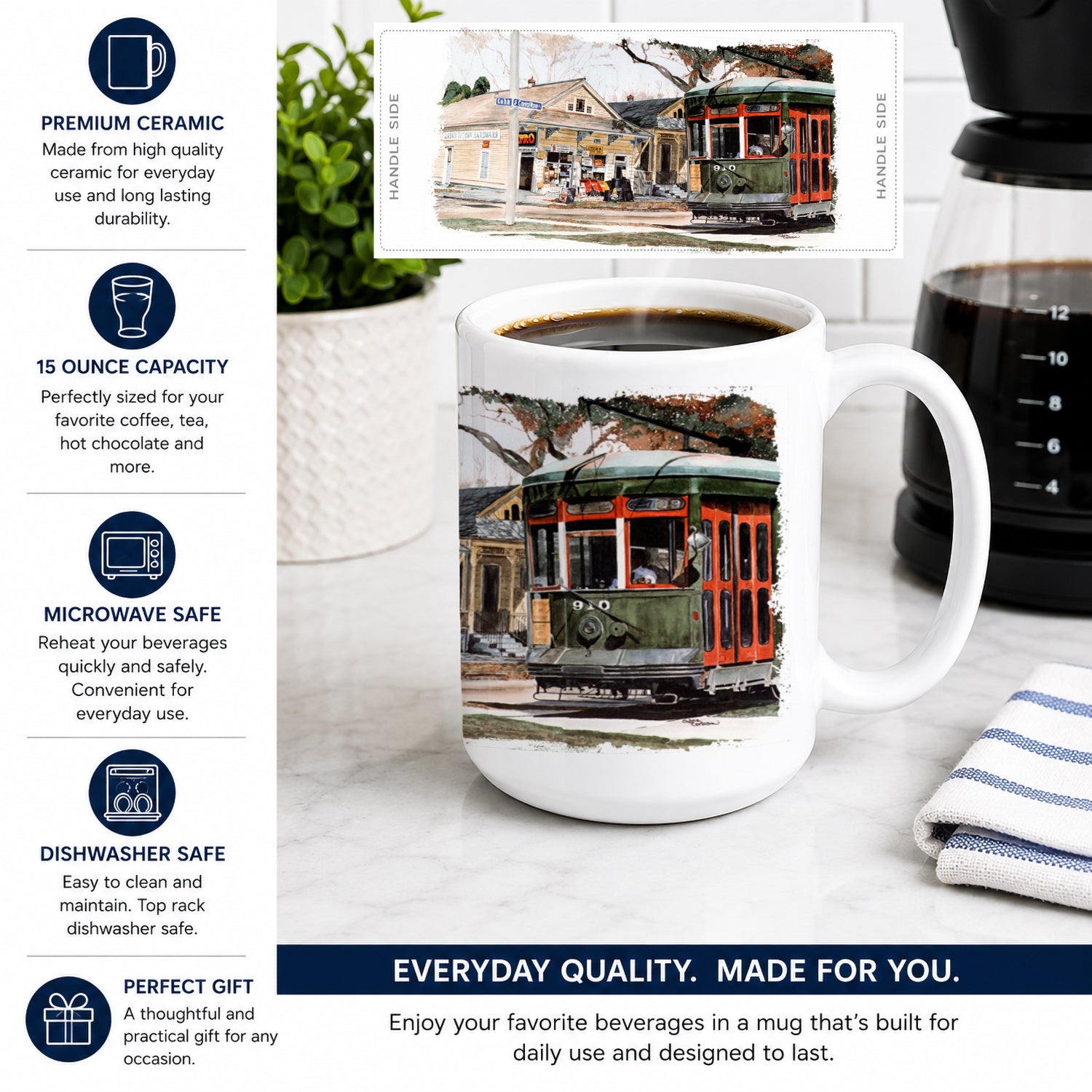 New Orleans Street Car Ceramic Coffee Mug 15 oz Decorative Large C Handle Mug Cup for Tea, Cocoa Hot Chocolate