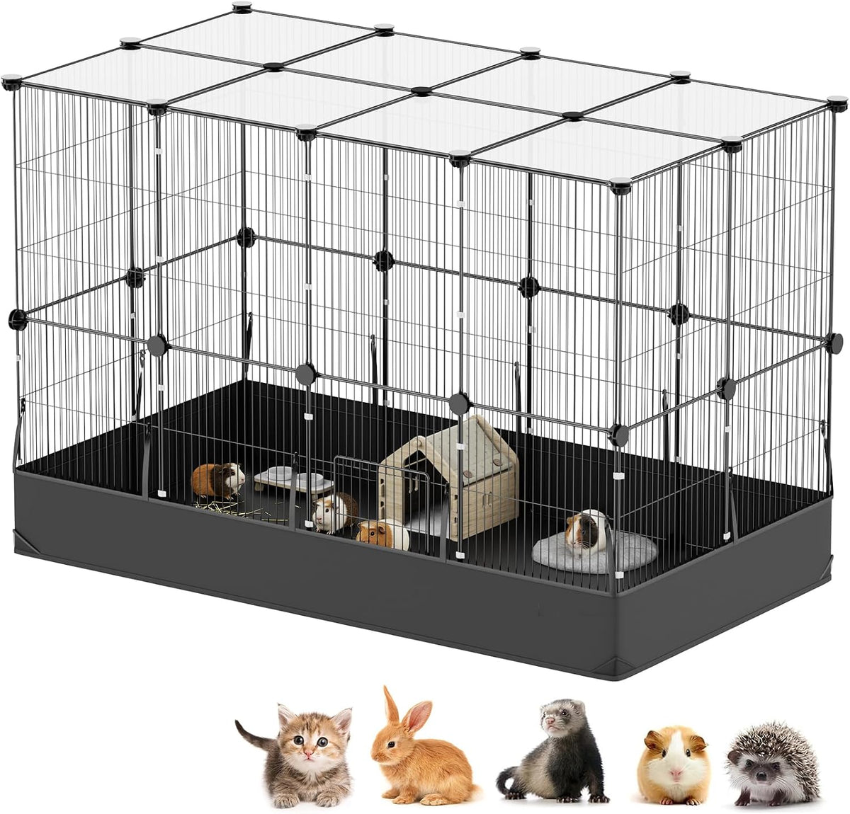 Guinea Pig Cage with Top Cover & 12 Panels - 24 Panels-with roof / Black
