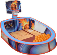 Acorn Avenue pop-up basketball ball pit tent with hoop and 20 soft mini basketballs for toddlers