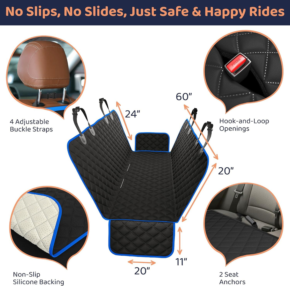 Dog Car Seat Cover for Back Seat, Dog Hammock for Car, SUV - Blue / XL 60"W- Trucks & Full-Size SUVs - image 2
