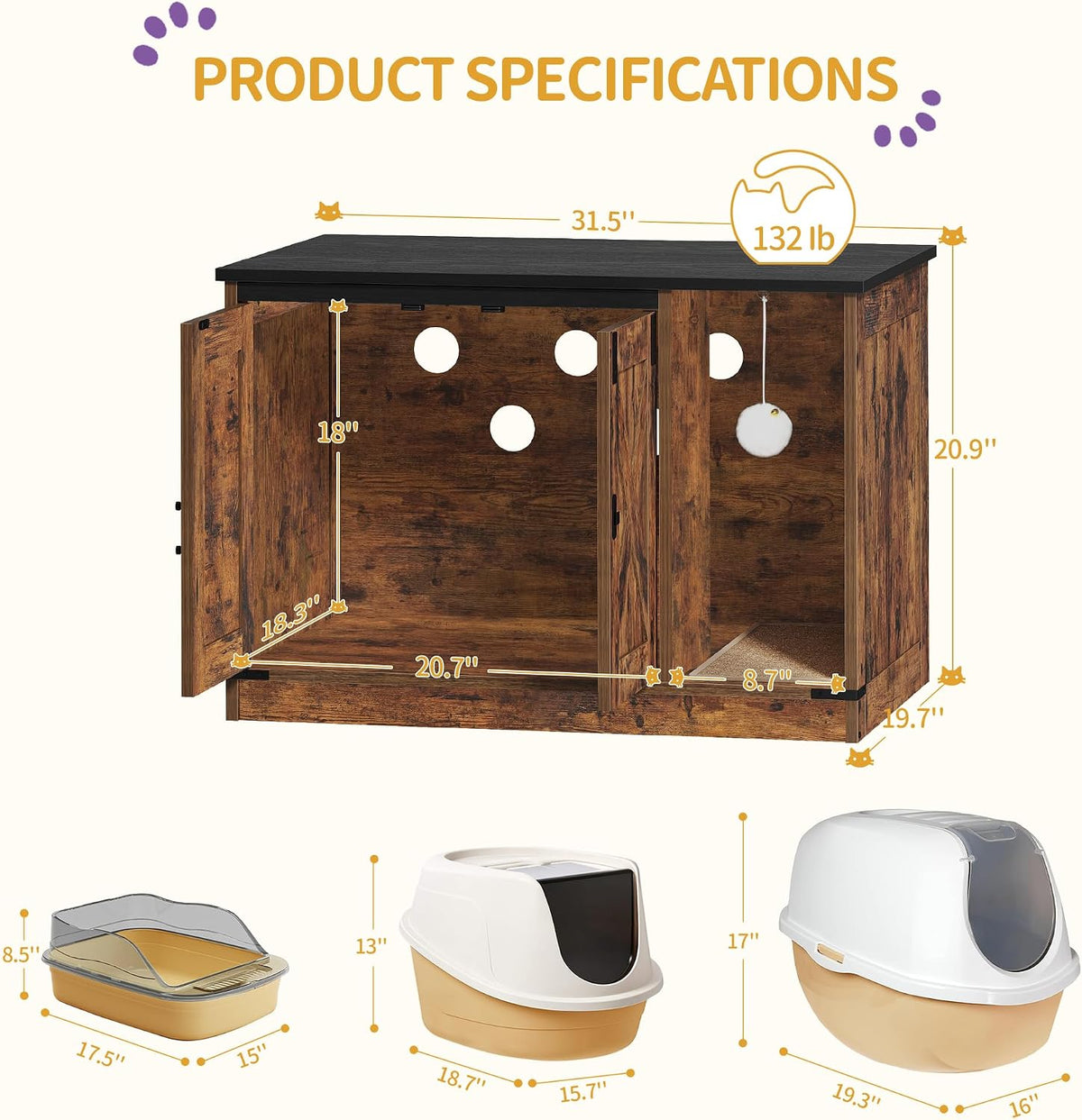 Hzuaneri Cat Litter Box Enclosure - 31.5"L x 19.7"W x 20.9"H / Rustic Brown and Black - image 2
