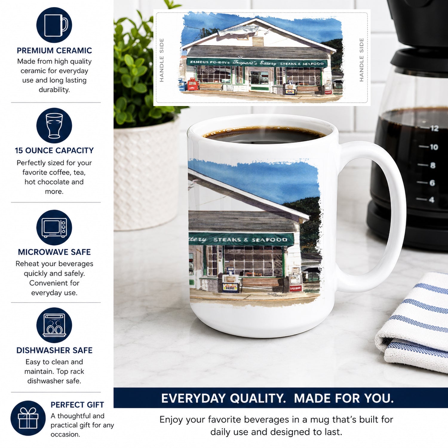 Trapani's Eatery Ceramic Coffee Mug 15 oz Decorative Large C Handle Mug Cup for Tea, Cocoa Hot Chocolate