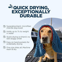 Soggy Doggy Super Shammy Dog Towel - Microfiber Chenille Towel for Drying Dogs and Cleaning Paws - Fast Drying with Hand Pockets for Ease (Blue/Red Trim, 31” x 14”)