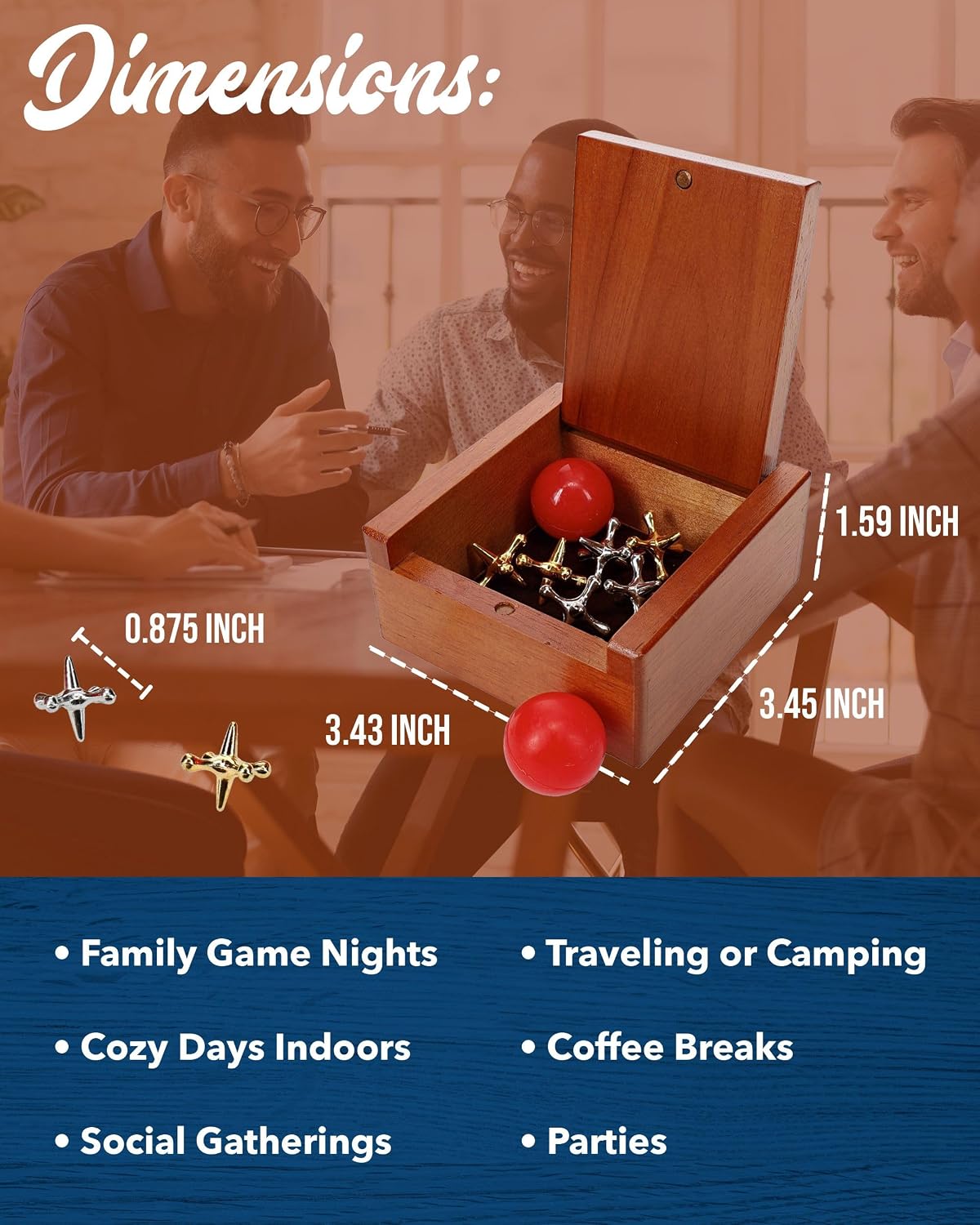 WE Games Metal Jacks Set – Classic Jacks Game with 2 Red Balls in Keepsake Wooden Box – Nostalgic - image 2