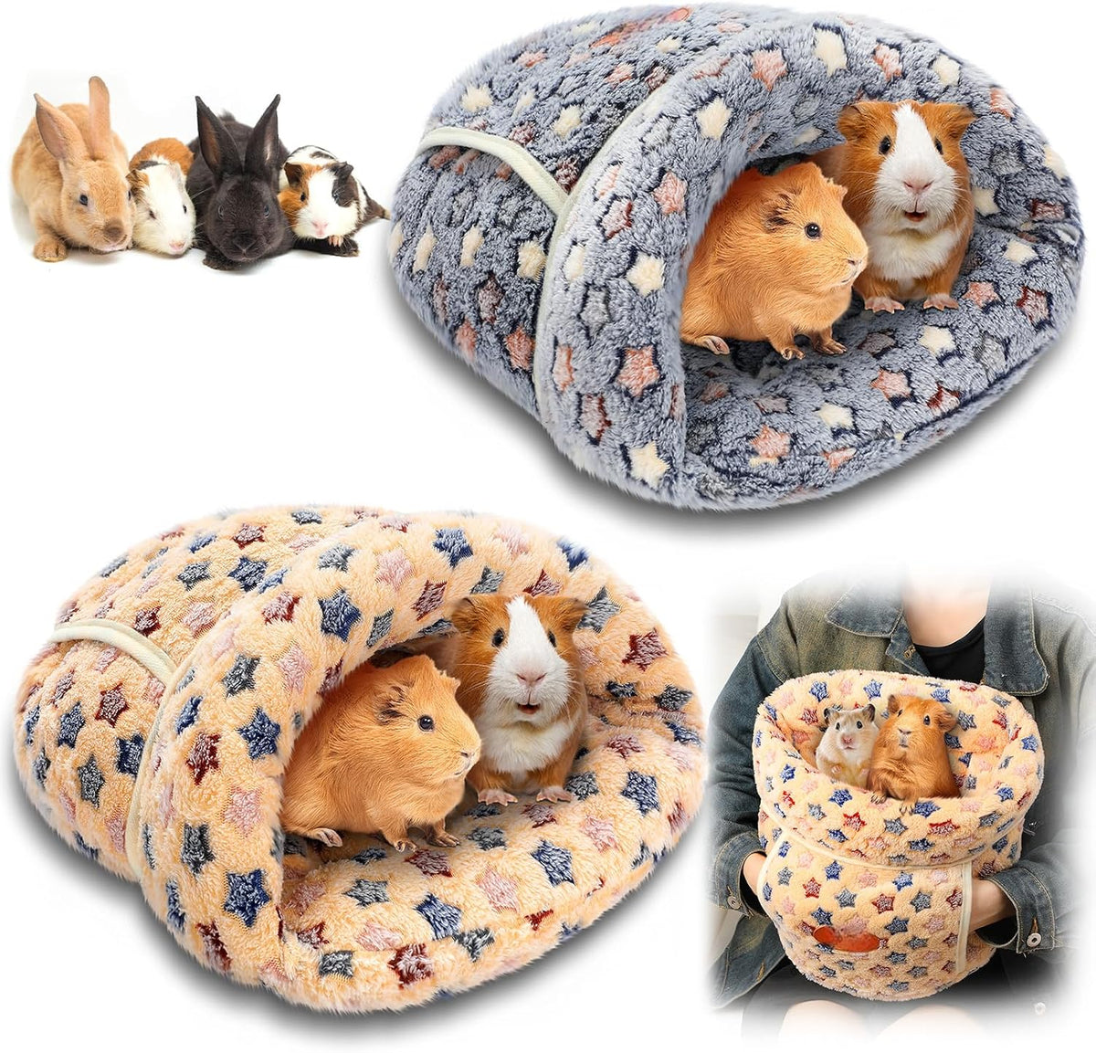 2 Pcs Guinea Pig Fleece Hideouts, Blue, Khaki, Star – Daily Care for Small Pets - Blue, Khaki / Stars