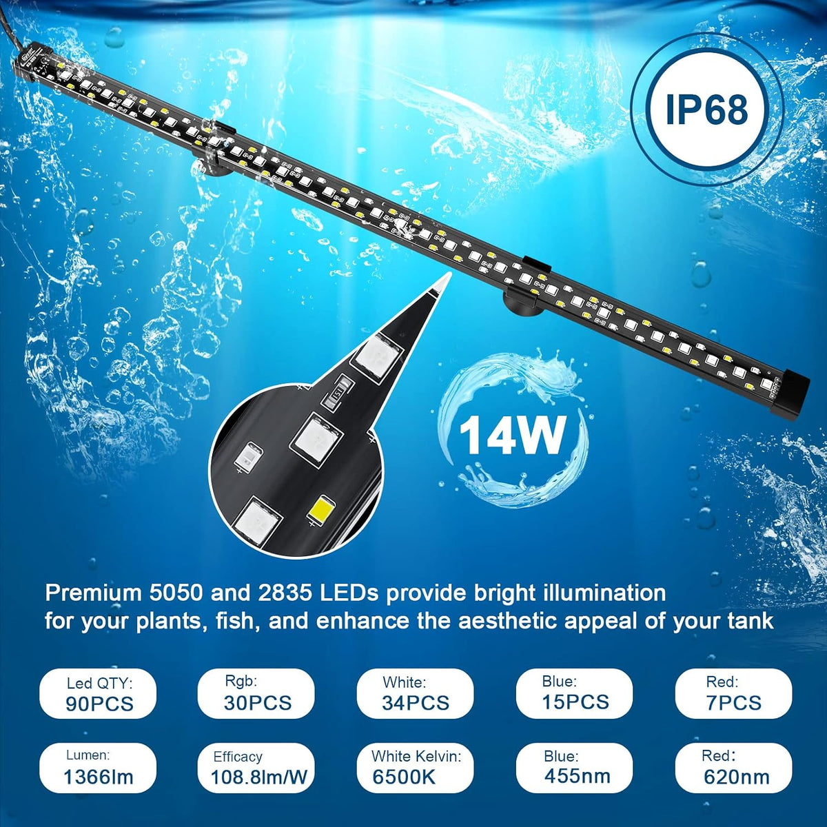 hygger 24/7 Mode Submersible Aquarium LED Light - 23.4in 14W - image 3