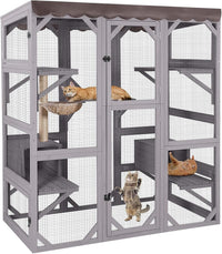 Aivituvin Cat House Outdoor Catio Cat Enclosures on Wheels 70.9" - 62.6"L x 32.6"W x 70.1"H Grey