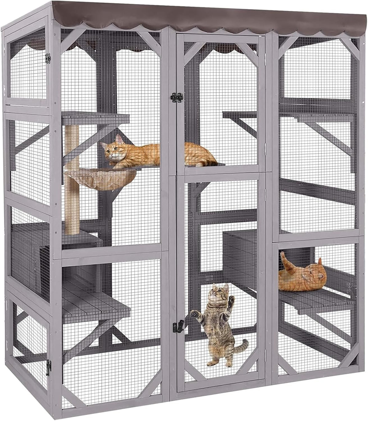 Aivituvin Cat House Outdoor Catio Cat Enclosures on Wheels 70.9" - 62.6"L x 32.6"W x 70.1"H Grey