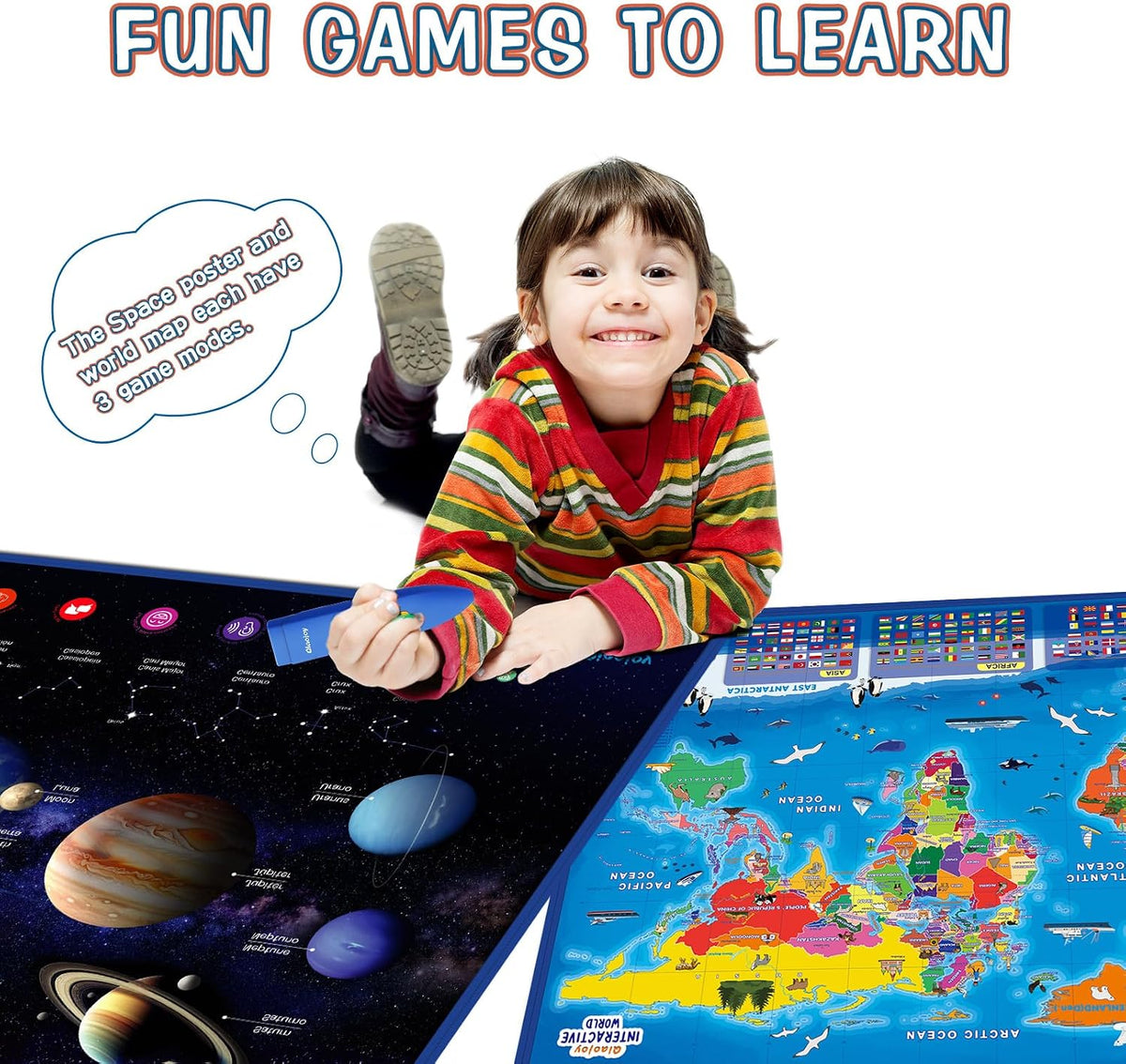 Qiaojoy Bilingual Interactive World Map for Kids Learning Educational - World Map& Space Poster - image 3