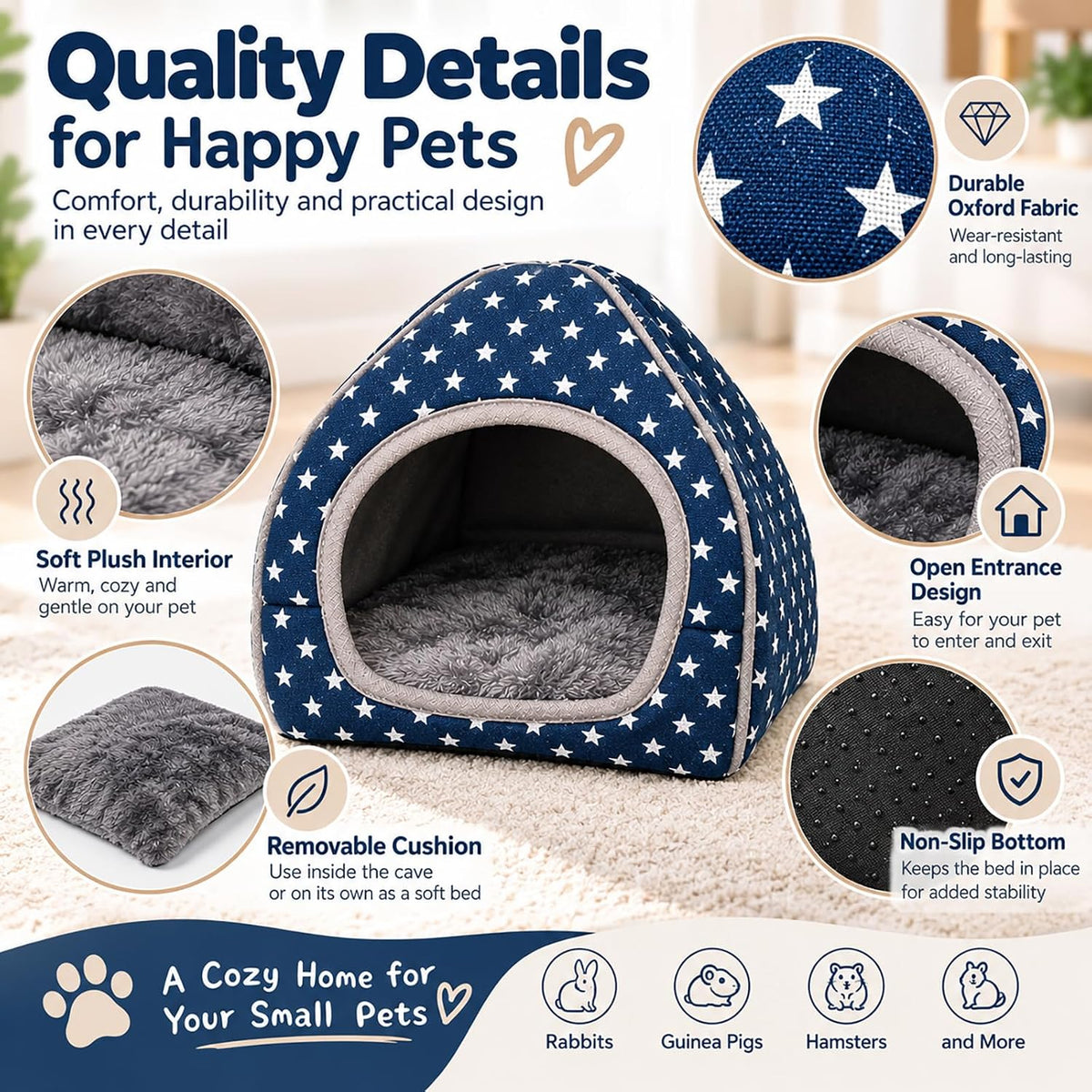 Washable guinea pig bed hideout cave with removable cushion, 10.23 inches square - view 3