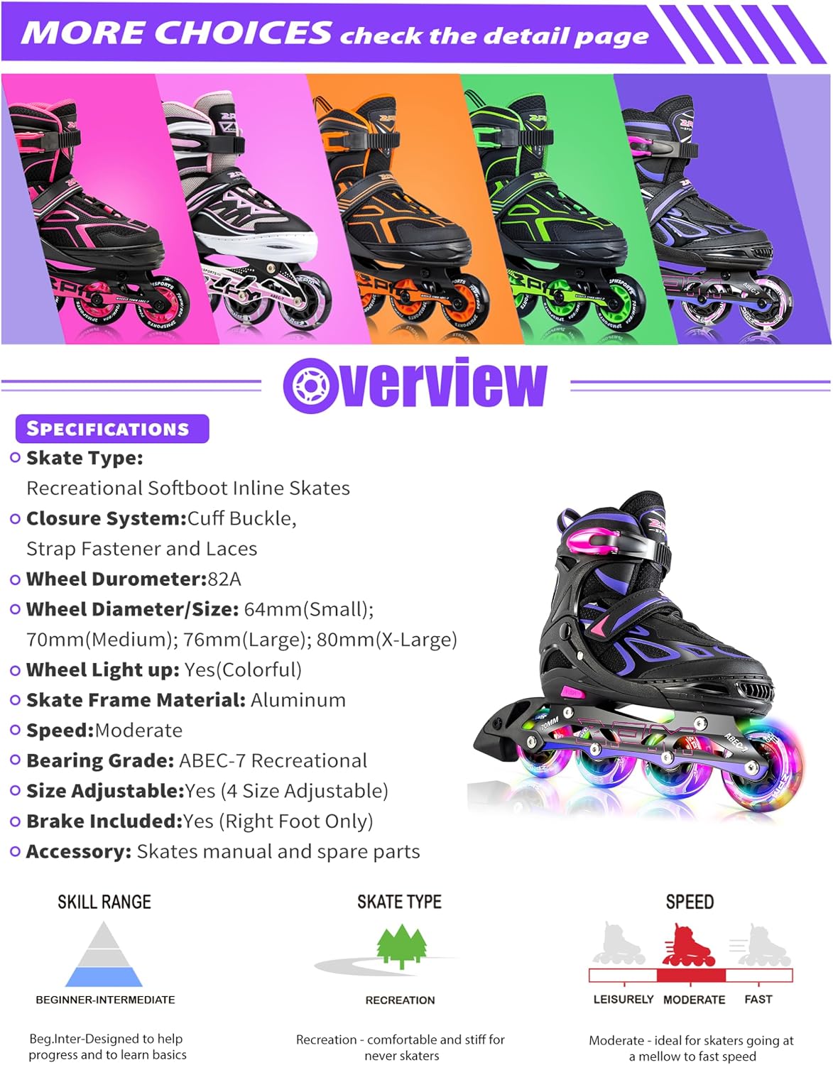 2PM SPORTS Adjustable Inline Skates for Kids, Youth and Adults - Violet & Magenta / Medium - Big Kid (13.5C-4 US) - image 2