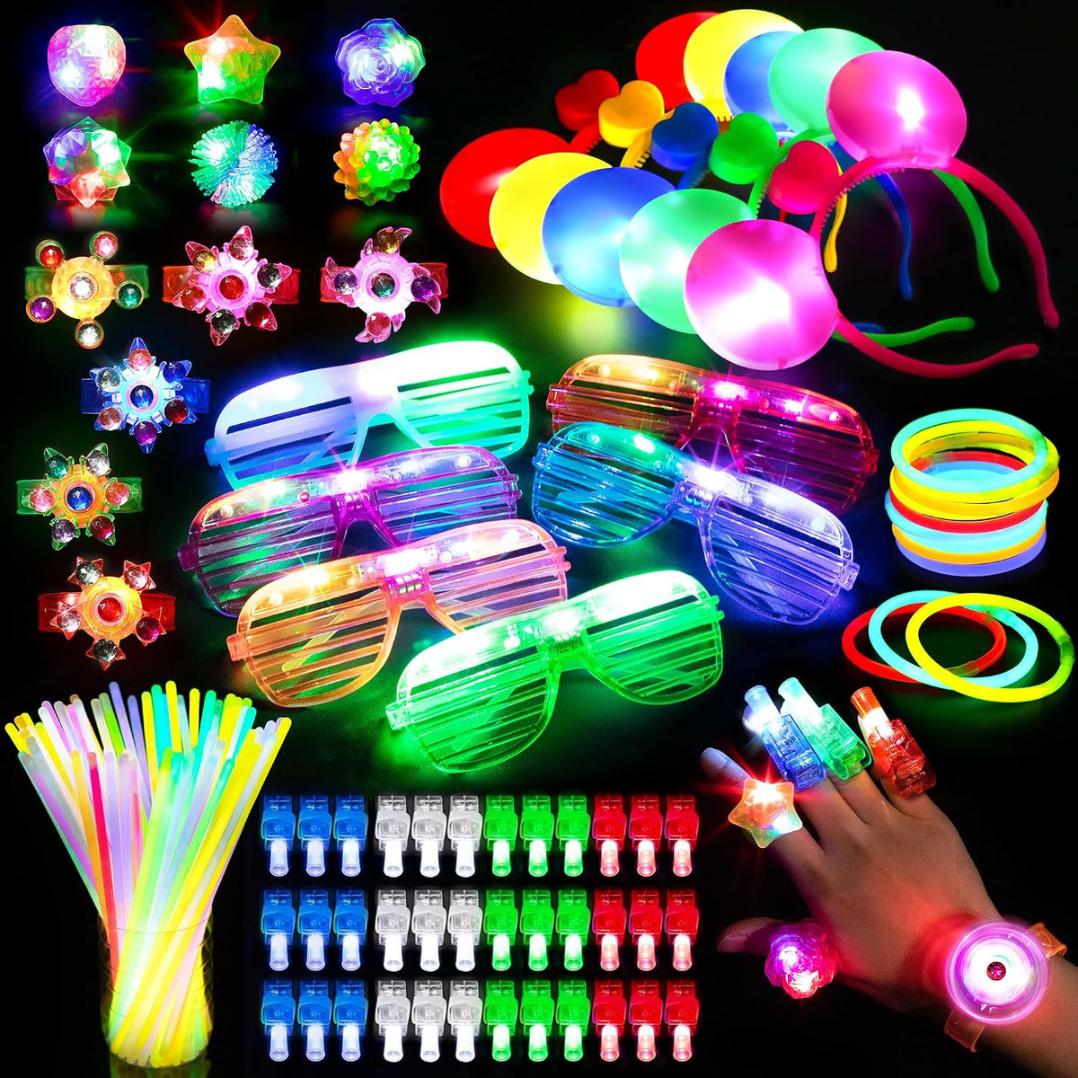 Mocoosy 103-piece glow in the dark party supplies with glow sticks, LED glasses and rings