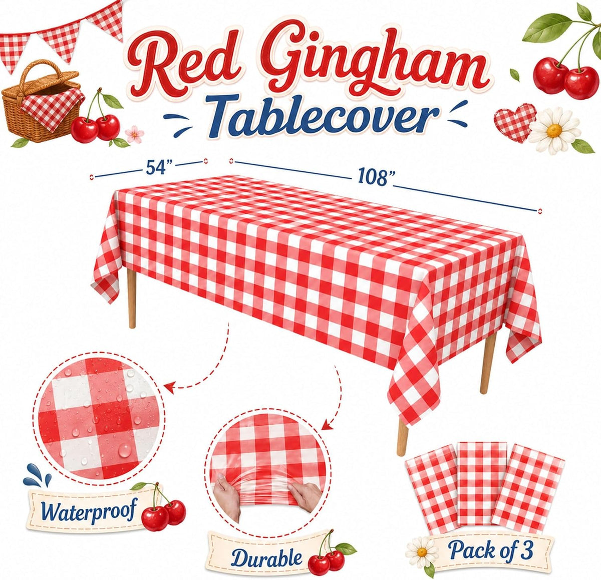 Stone Wall Table Covers, 54"x108" XL, Medieval Party Decorations - Red Gingham (Pack of 3) - image 2