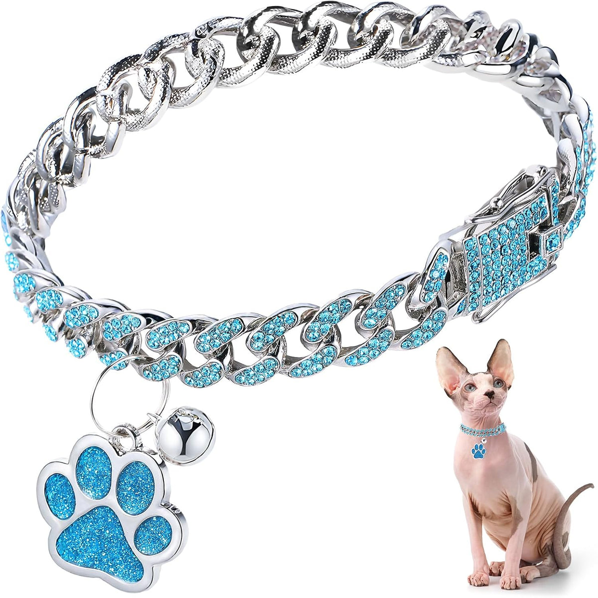 Hillban Cat Collar Chain Diamond Jewelry Gift - Silver,Lake Blue / 8 Inch