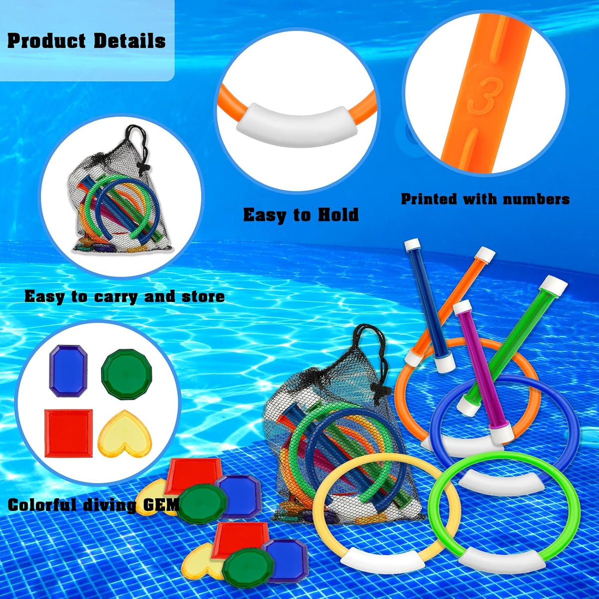 Leislam 16 piece pool diving toys with dive rings, dive sticks, dive gems and storage bag - view 13
