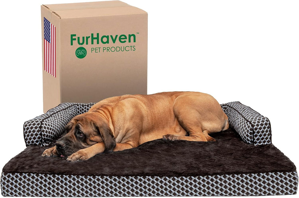 Furhaven Orthopedic Dog Bed for Large Dogs w/ Removable Bolsters - Diamond Brown (Plush & Woven Décor) / Jumbo Plus
