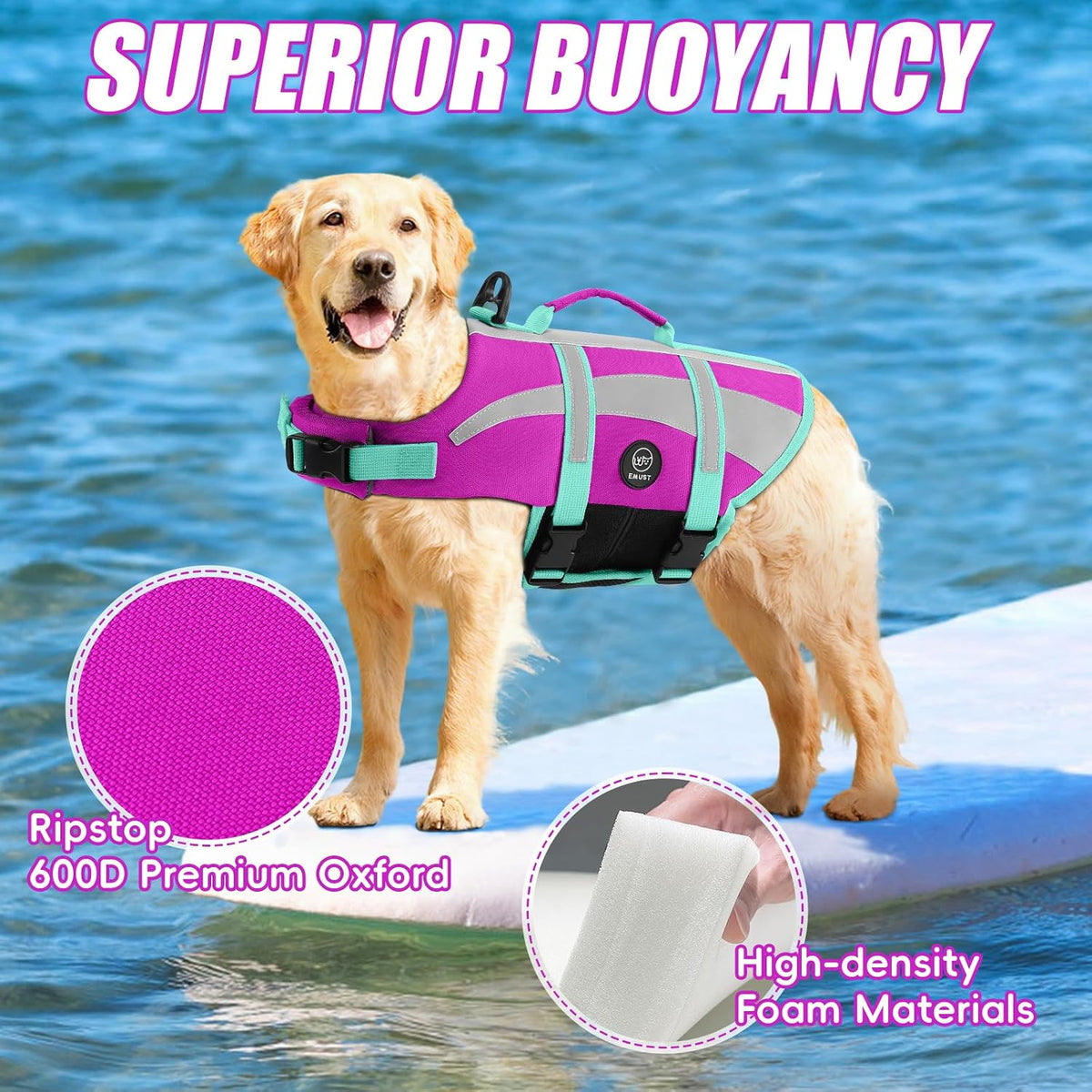 EMUST Dog Life Jacket, High Visibility Dog Life Vests with 2 Rescue Handles – Essentials for Dogs - Medium / NewPurple - image 3