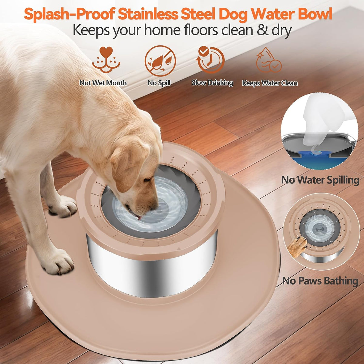 12L No Spill Stainless Steel Dog Water Bowl for Large Dogs – Essentials for Dogs - Beige - image 3