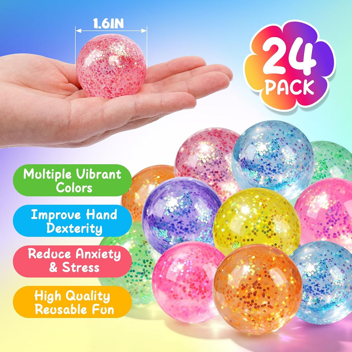 16 Pack Slow Rising Stress Balls，Textured Memory Soft Stress Ball – Fun for Kids & Family - 24 Pack Glitter Stress Balls - image 2
