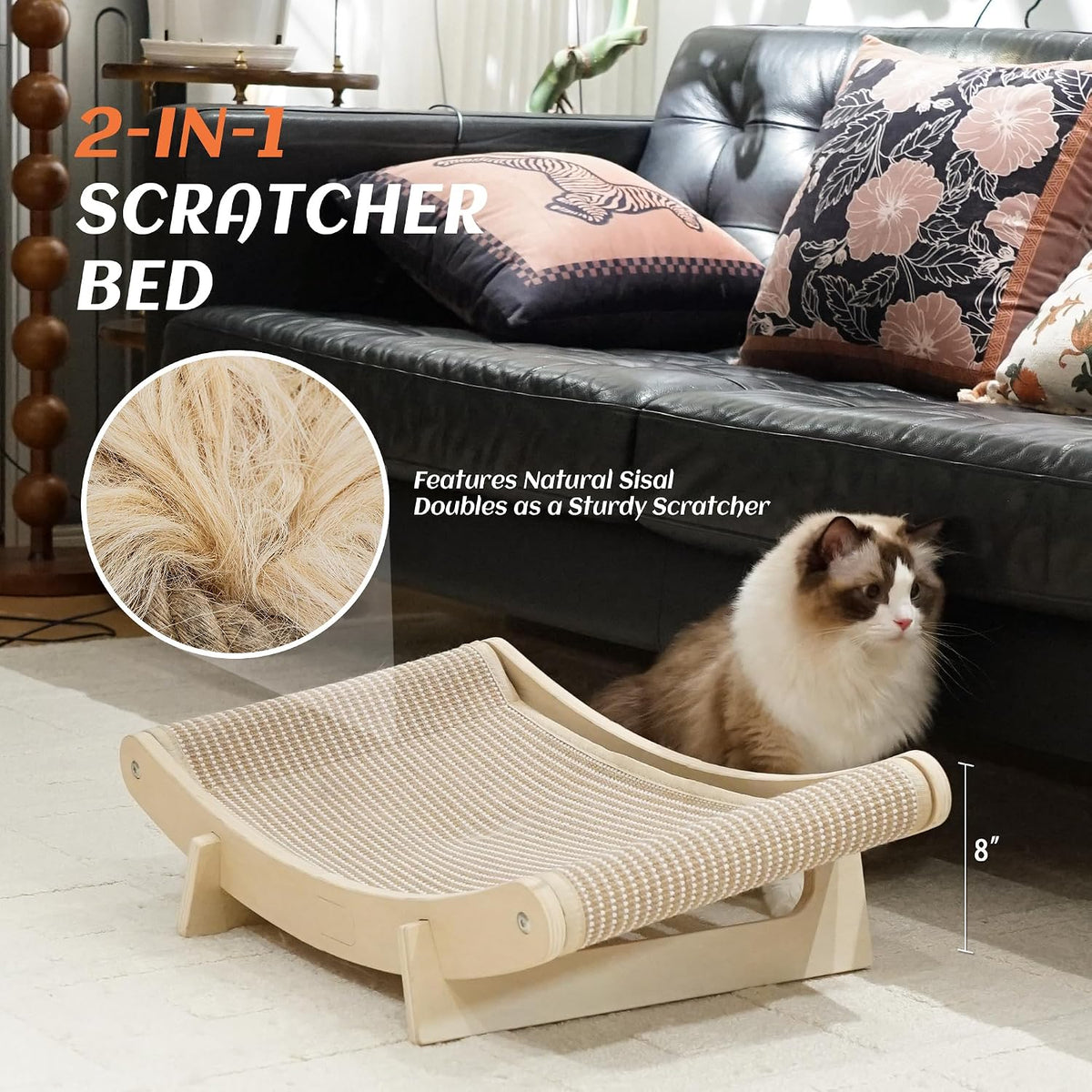PETKARAY Foldable Cat Hammock Bed - Sisal Beige / Wooden Lounge - image 4