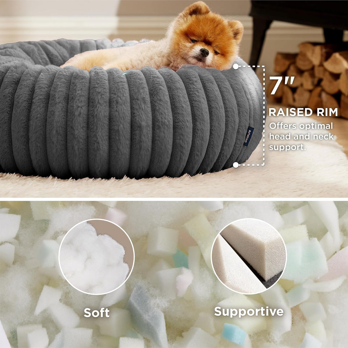 Bedsure ComfyFleece Donut Dog Bed Medium Size Dog with Washable Cover – Essentials for Dogs - S (23x23x7) / Warm Grey - image 2