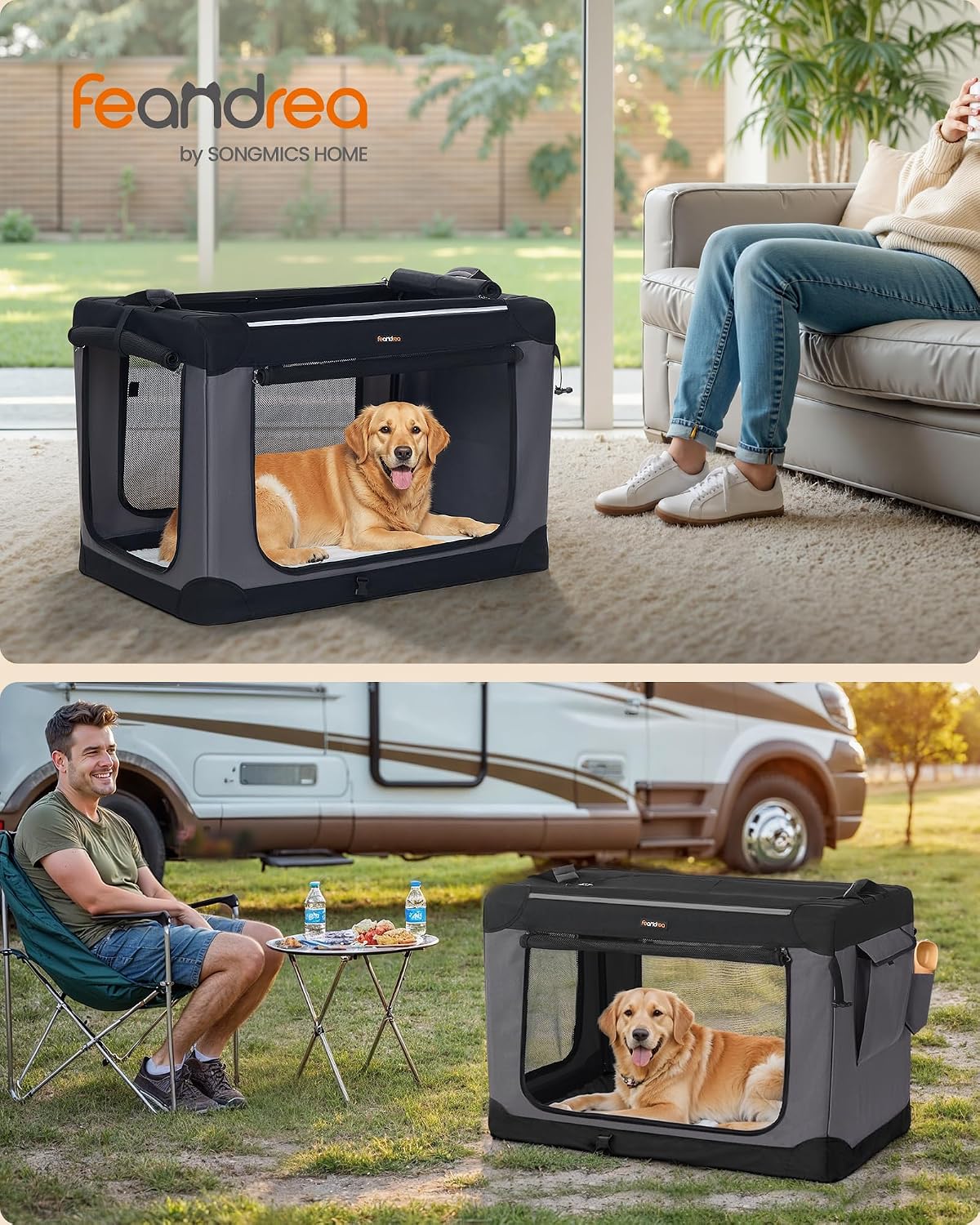 Feandrea collapsible soft-sided dog crate, 36 inch, with four mesh doors and Sherpa fleece pad - view 2