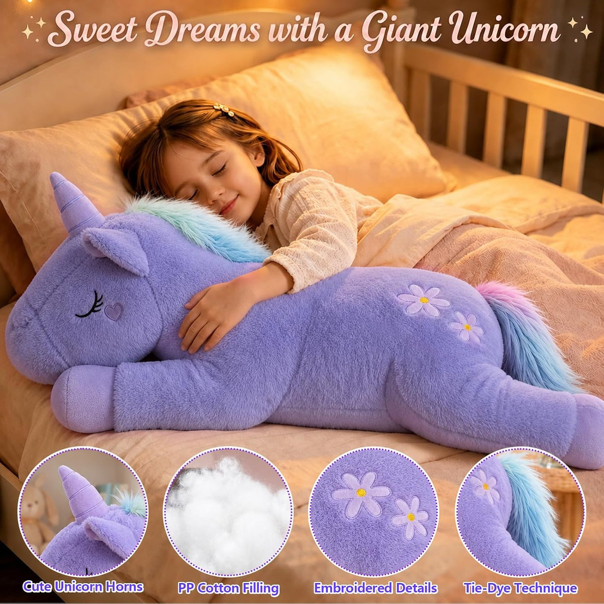 32inch Cute Giant Pink Unicorn Plush, Jumbo Soft Body Pillow Pet - Purple / 40 inch - image 3