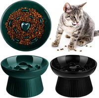 Tioncy 2 Pcs Ceramic Elevated Slow Feeder Cat Bowl - Dark Green, Black / 2