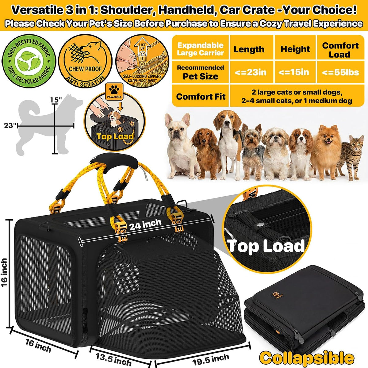 Expandable Pet Carrier for Small Cats & Dogs - 24.0"L x 16.0"W x 16.0"H / Black Warrior - image 2