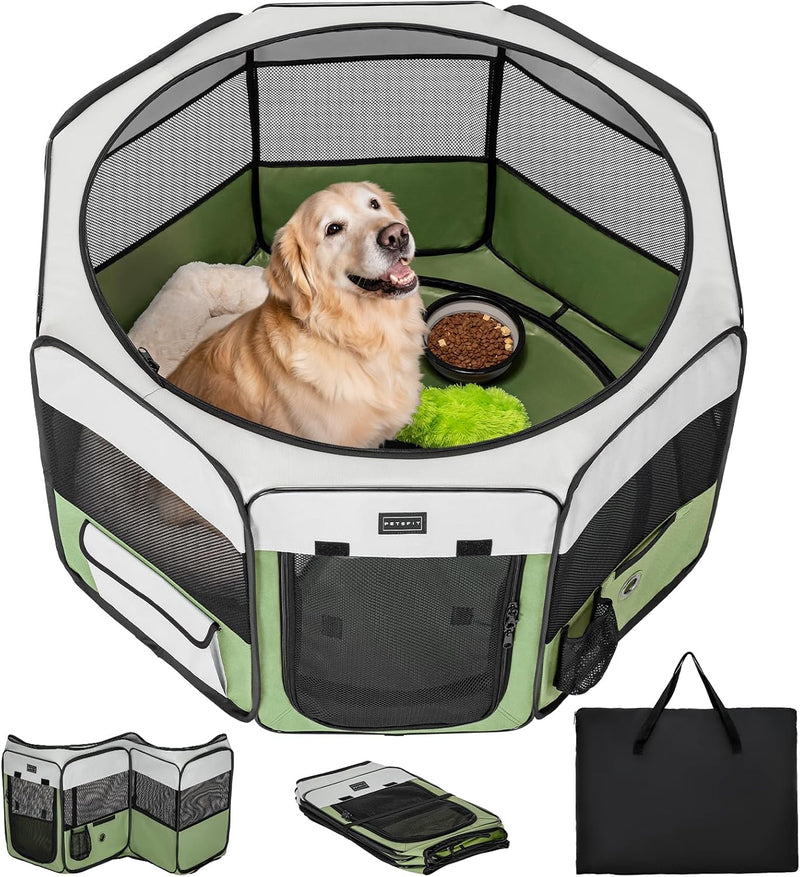 PETSFIT Portable Dog Playpen 36", Removable Waterproof Mat - Green / Large (45.5"x45.5"x28.5")