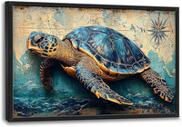 Large Nautical Turtle Wall Art for Living Room, Coastal Ocean Canvas Oversized Wall Decor, Beach Aesthetics Framed Pictures Painting Print Artwork for Bedroom Office 36L" x 24W"