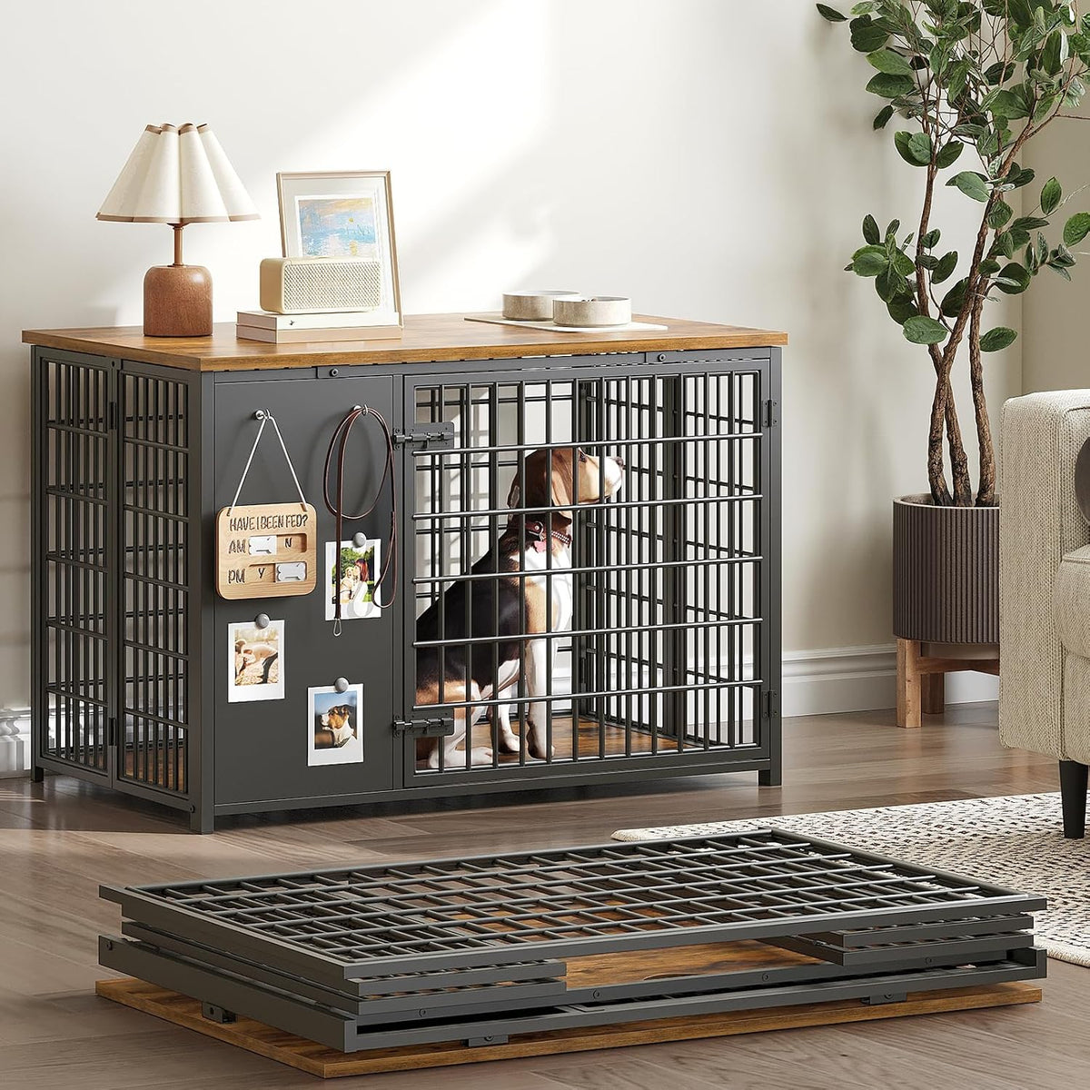 YATINEY Foldable Dog Crate Furniture, Dog Crate with DIY Frame - 37.4"L x 23.6"W x 26.0"H / Rustic Brown + Black