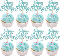 24 PCS Happy Birthday Cupcake Toppers Glitter Picks for Celebrating - Light Blue
