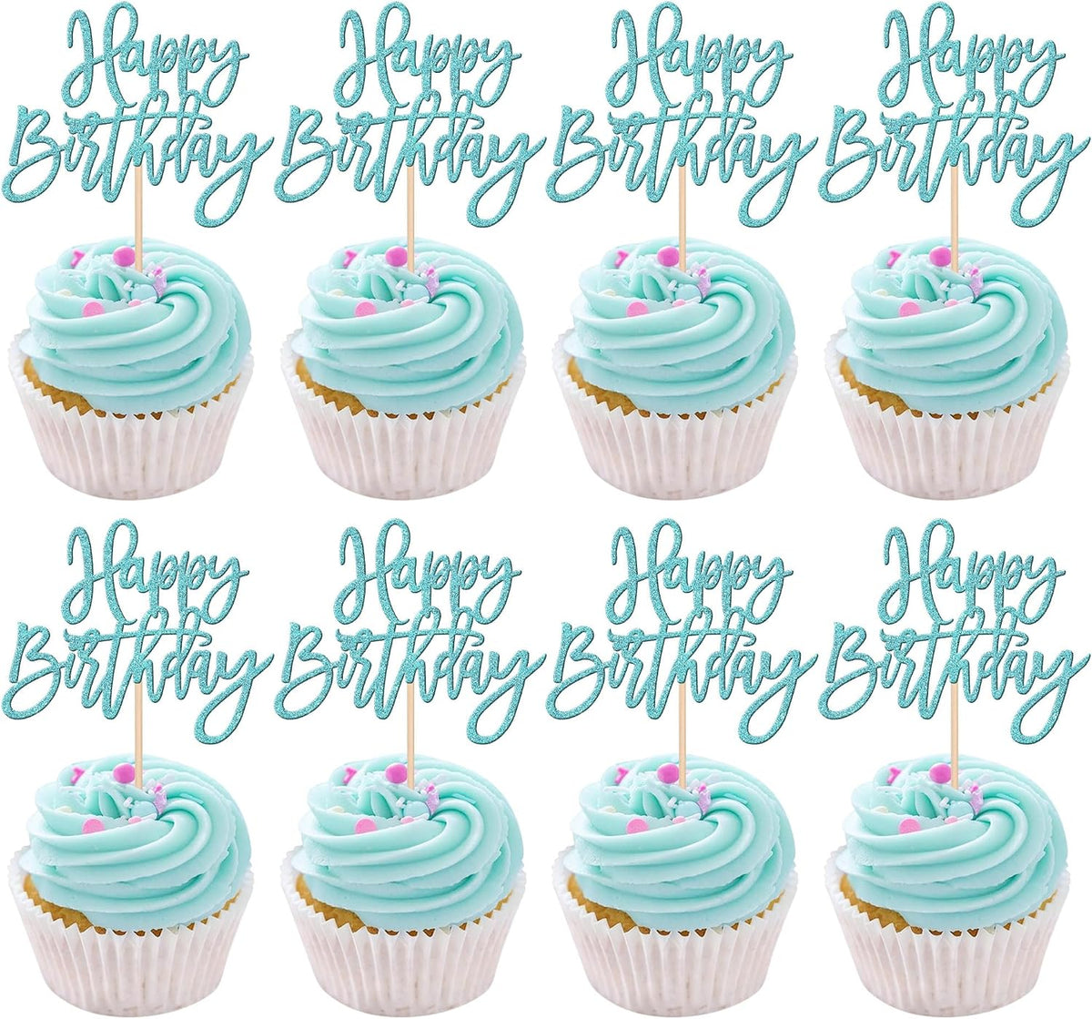24 PCS Happy Birthday Cupcake Toppers Glitter Picks for Celebrating - Light Blue