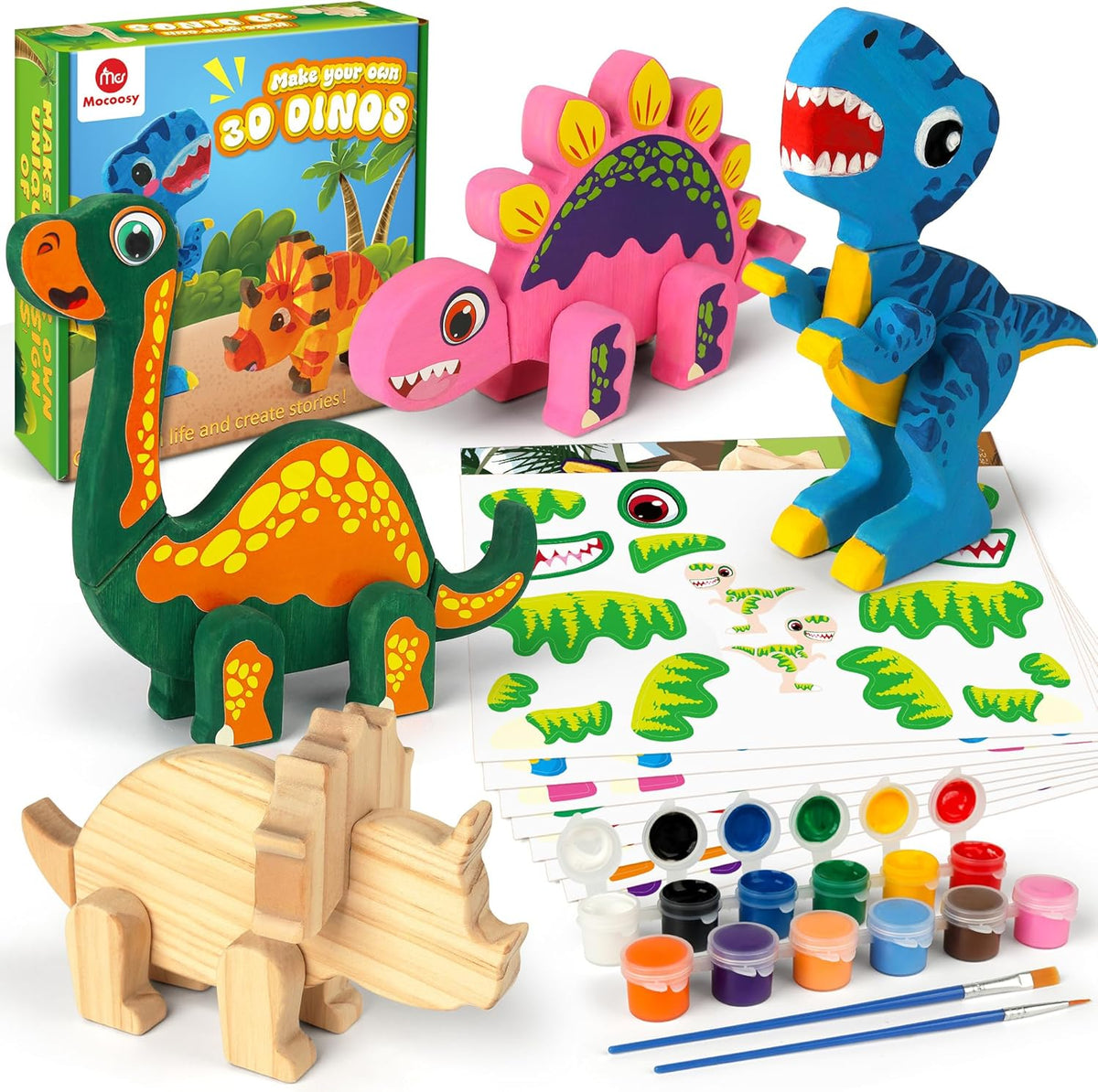 Mocoosy wooden dinosaur painting art and craft kit with 28 wood pieces, paints, brushes and stickers