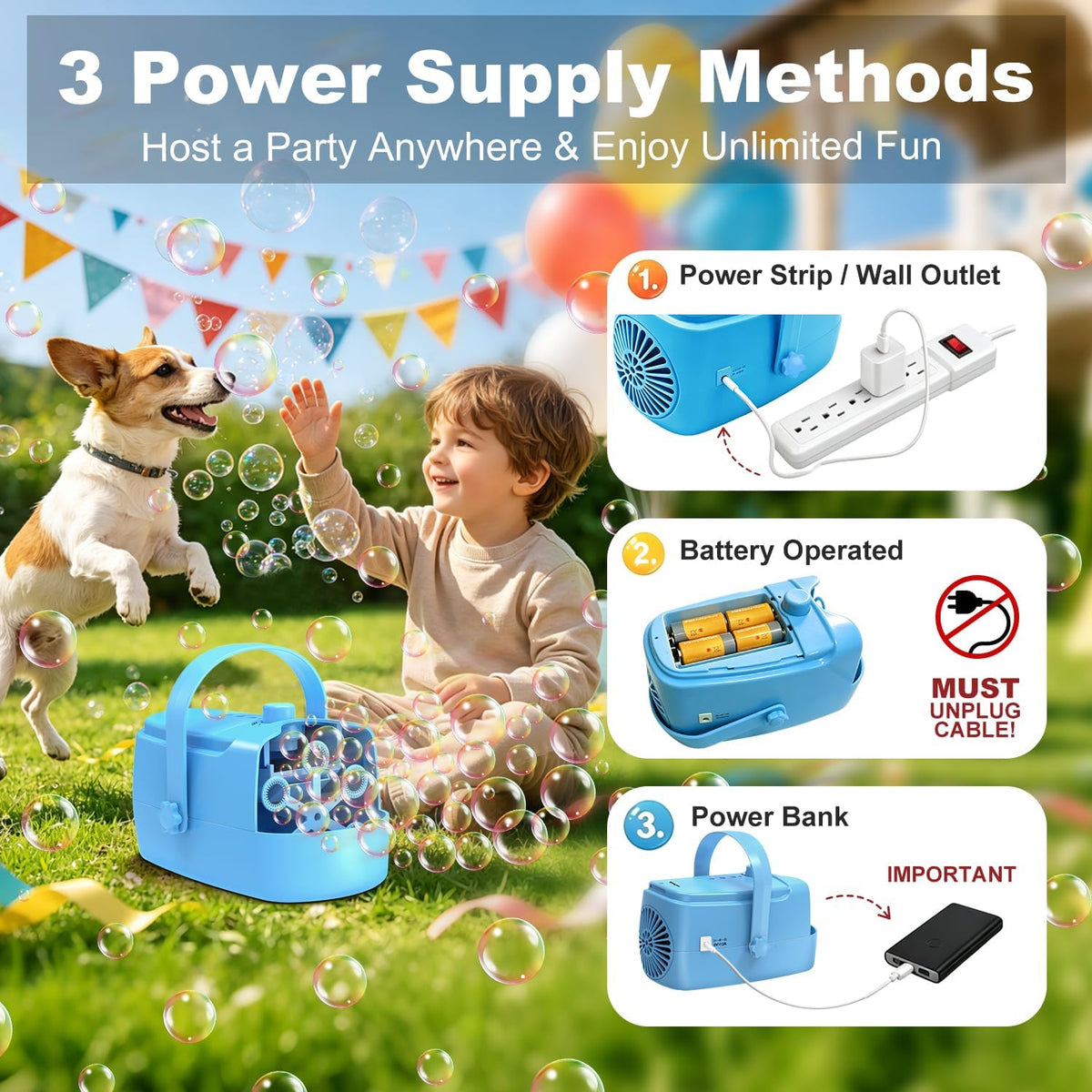 Zerhunt Durable Bubble Machine for Party: 3 Power Modes for Non-Stop - Blue - image 2