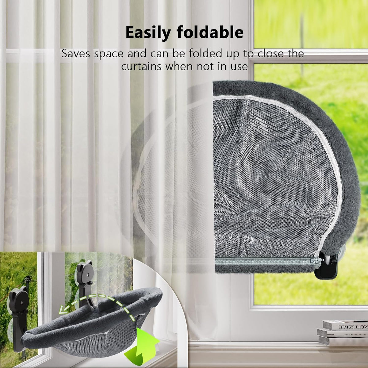 Cat Window Perch Cordless, Foldable & Stable Cat Beds - Faux Rabbit Fur / Grey - image 4