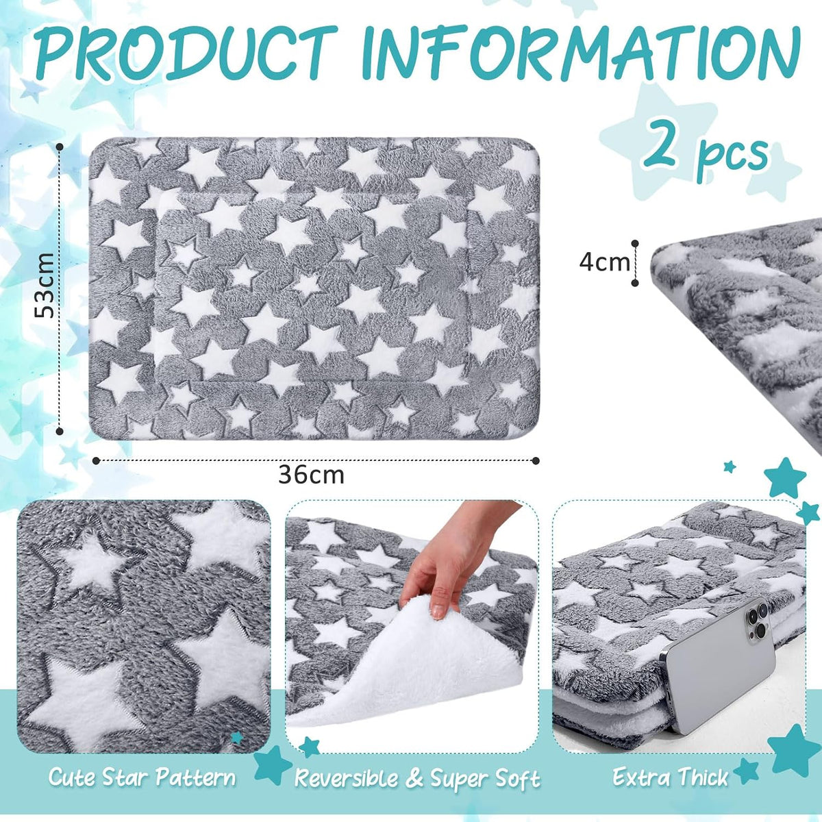 2 Pack Self Warming Cat Dog Bed Pad - Grey / 21" X 14" / Stars - image 2